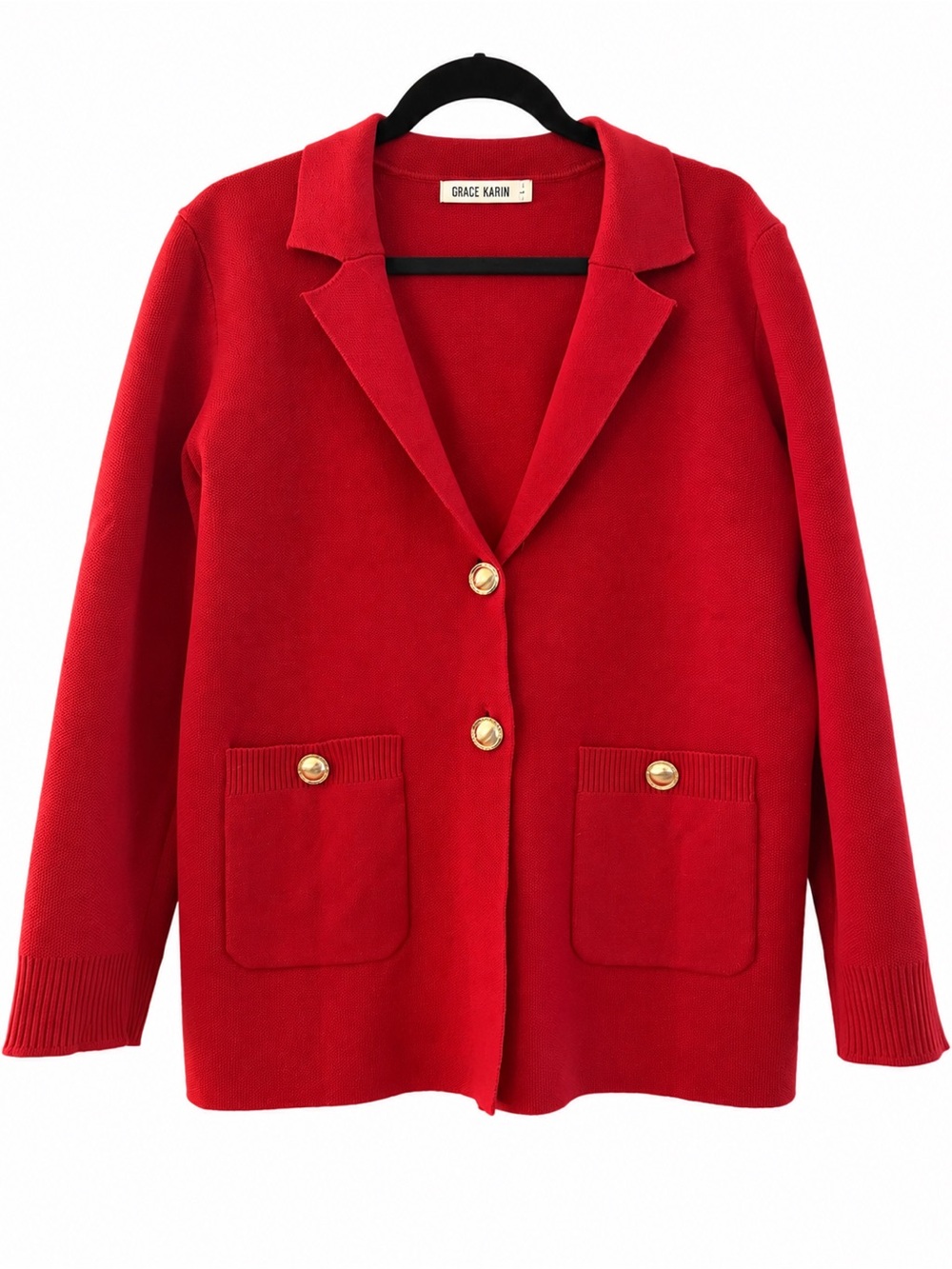 GRACE KARIN Red Knit Blazer Cardigan Gold Buttons L